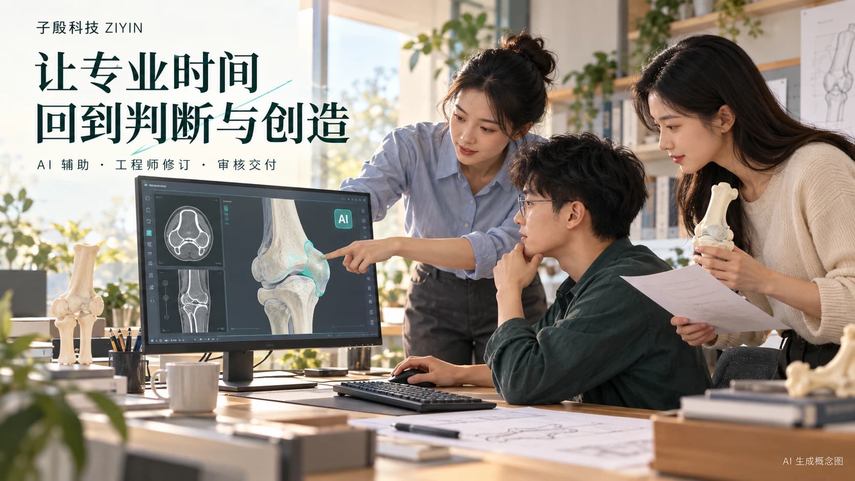图2 让专业时间回到判断与创造。AI 辅助、工程师修订与审核交付的协作场景。AI 生成概念图,人物、场景及软件界面均为示意。